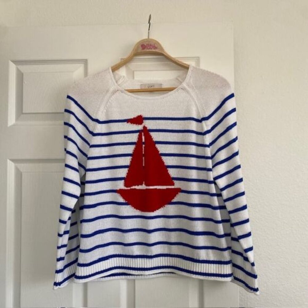 The Loft Pullover Sweater Red Sailboat over Blue & White‎ Stripes Women's Large